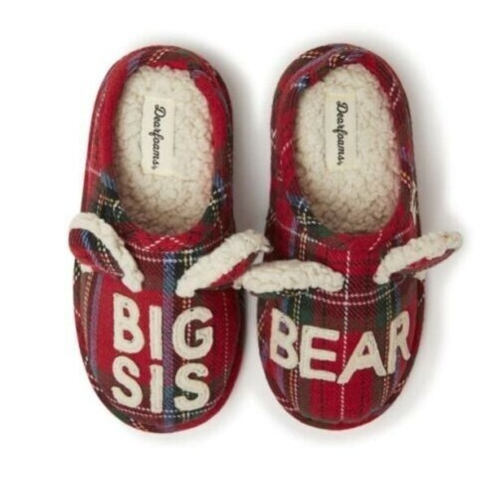 Dearfoams Kids Toddler Little Kids Big Sis Bear Plaid Red Slippers NEW 13-1 US
